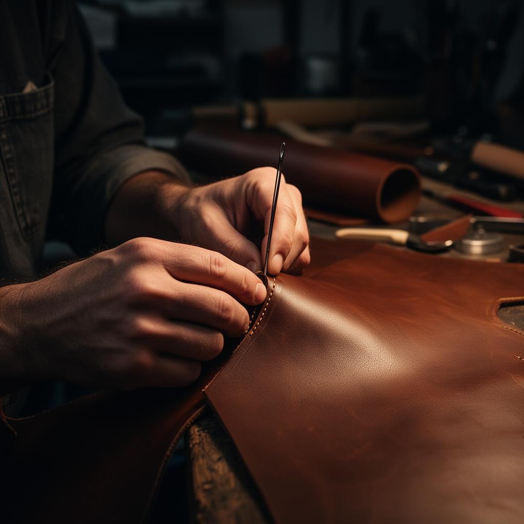 Craftsman hand-stitching leather in the workshop