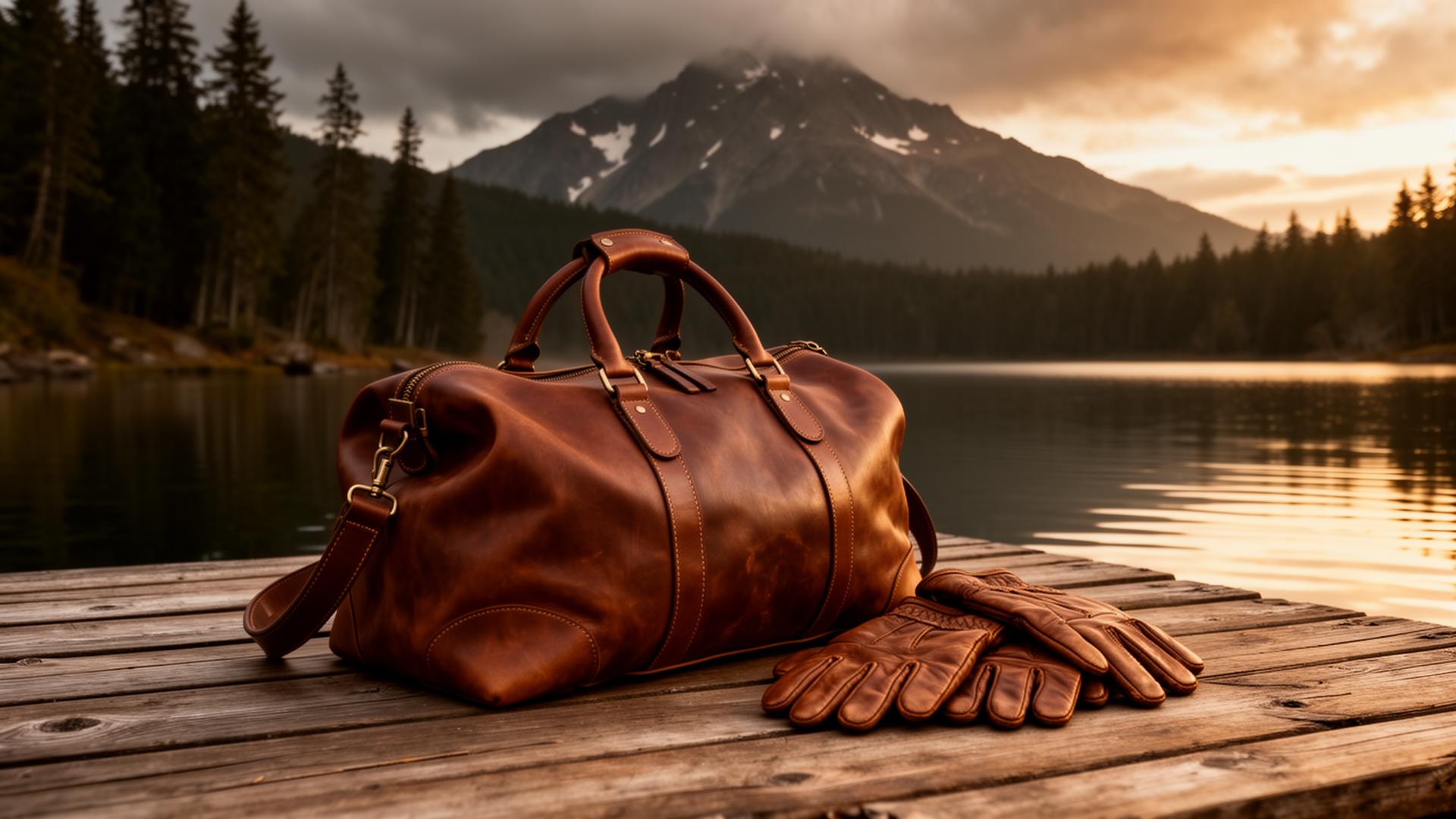 Handmade leather duffel bag and gloves on a wooden dock with Olympic Mountains in the background